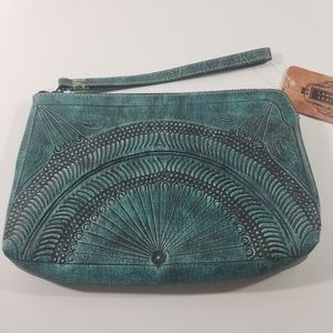 Labrado Handtooled Leather Teal Clutch Purse New